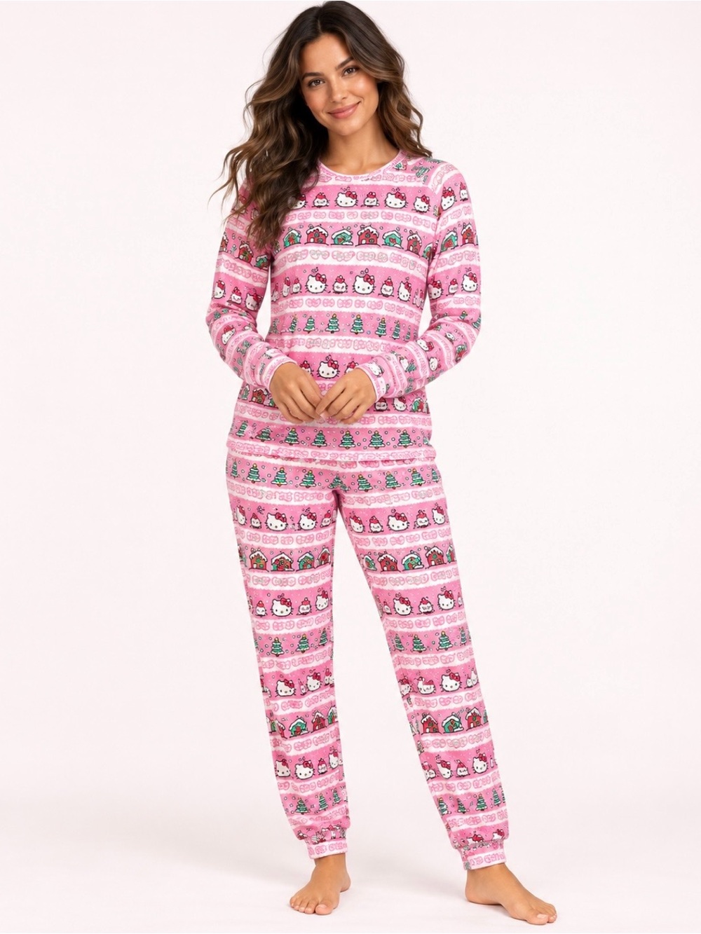 Hello Kitty WomenPink Striped Winter/Christmas Sweater Knit Pajama Set Pockets 😍